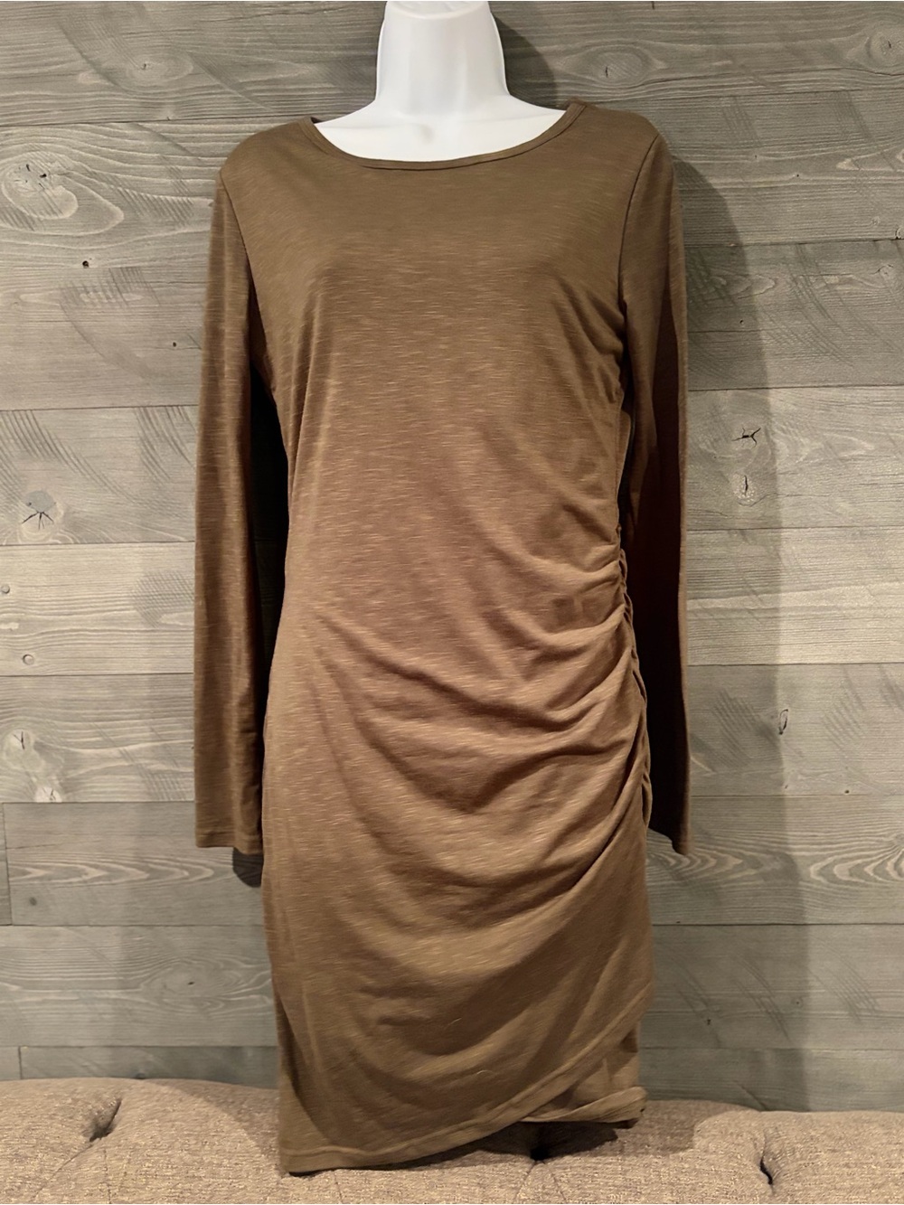 Ruched Long Sleeve Mini Dress in Brown